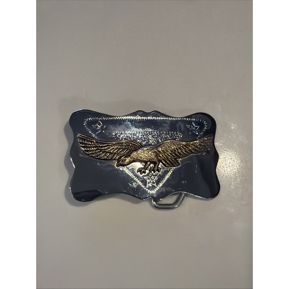 Silver toned Belt Buckle w/ Gold Eagle Emblem Light Weight EUC